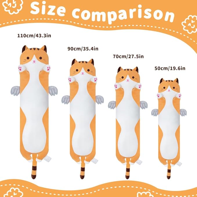 Long Cat Plush Body Pillow, Cute Cat Plush Toy Pillows with Wings, Stuffed Animals Kitten Soft Plushies Gifts for Kids Girls Girlfriend(Yellow, 35.4in/90cm)