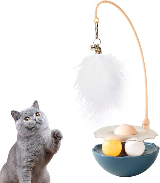 3-in-1 Tumbler Catnip Toy Interactive Cat Toys Cat Teaser with Feather and Bell, Track Balls Kitten Toys for Indoor Cats 9.8'' High (Blue)