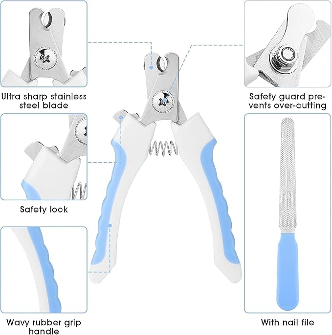 7pcs Pet Grooming Kit, Self-Cleaning Brush Shedding Kit with Nail Clipper, Flea Comb, Shampoo Bath Brush, Finger Toothbrush, Storage Bag (Blue)