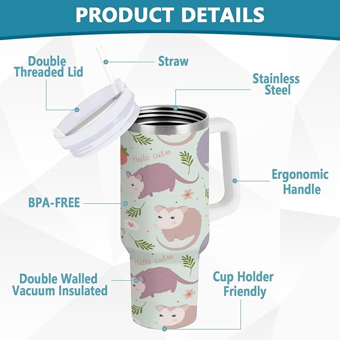 Boccsty Possums Cute Animal Insulated Tumblers Reusable Stainless Steel Tumbler 40 oz Cup Coffee Travel Mug Water Bottle with Handle & Flip Straw for Home Office Car