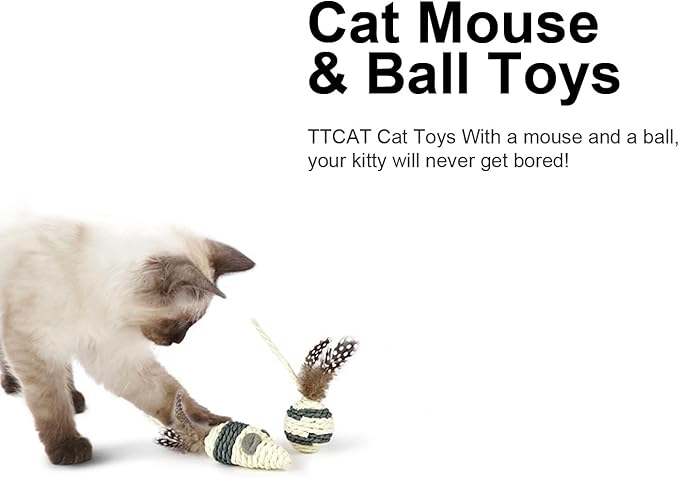 Cat Toys Set with Paper Rope & Feathers Ball and Mouse - 2 Pack, Interactive Toys for Indoor Cats,Kittens
