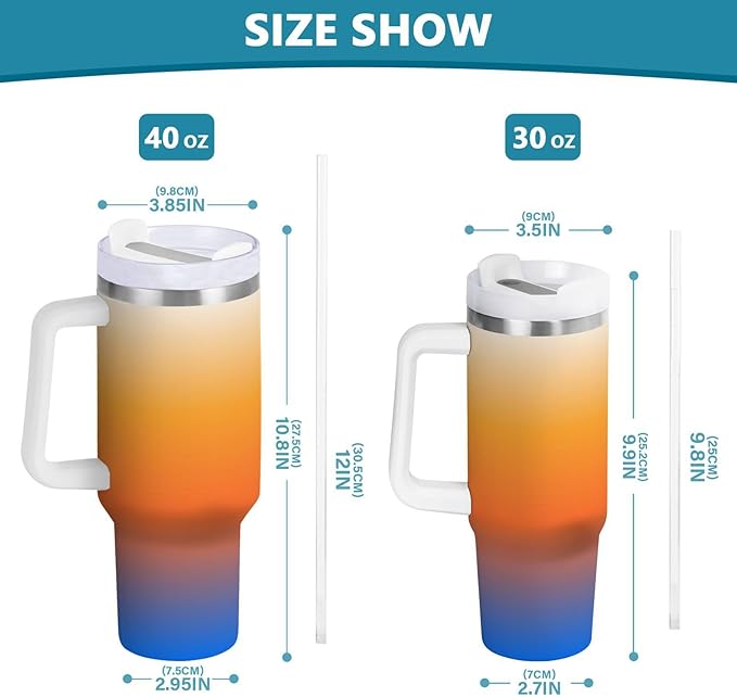 Boccsty Color Gradient Orange Blue Insulated Tumblers Reusable Stainless Steel Tumbler 30 oz Cup Coffee Travel Mug Water Bottle with Handle & Flip Straw for Home Office Car
