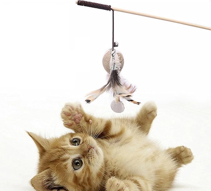 VILLCASE 5pcs Cat Feather Toys Replacement, Cat Wand Toy Refills Natural Feathers Replacement Teasers, Cat Wand Feather Refills Interactive Cat Toys with Bell Refills