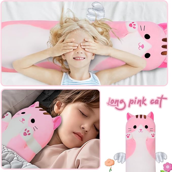 Long Plush Toy Cat Pillow Cute Plush Cat Toy Doll Stuffed Animal Cat Hugging Pillow for Sleeping Gift for Kids and Girls(Pink,70cm/27.5in)