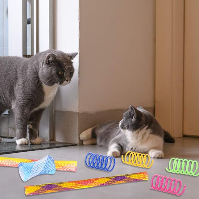 maxin 30 Pcs Cat Spring Toys Set, Plastic Colorful Cat Springs Tube and Cat Spiral Spring Pet Toys for Swatting, Biting, Hunting Kitten Interactive Toys