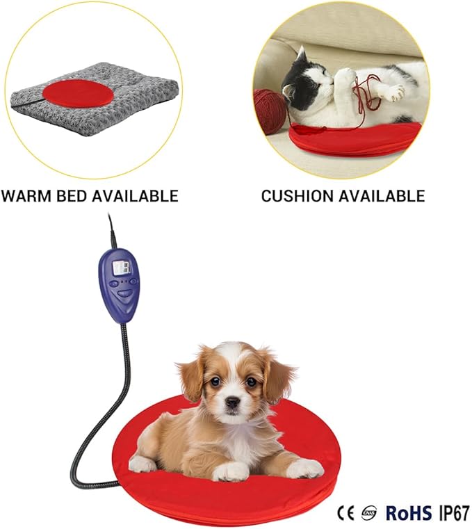 NAMSAN Heating Pad for Cats Small Dogs Heated Dog Bed Round Cat Tree Heating Bed Rabbit Warming Pad, Temperature Adjustable, Chew Resistant Cord, Red