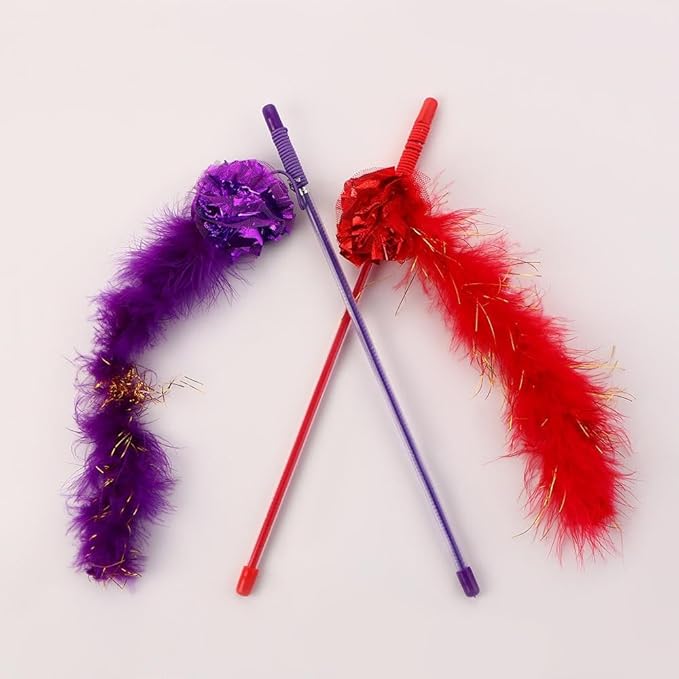 Cat Toys Feather Toy Interactive Stick, Cat Wand Toys Cat Catcher Teaser Stick and Cute Teasing Stick Sparkly Feather Cat Interactive Toys Funny Exercise for Kitten or Cats. 2pcs