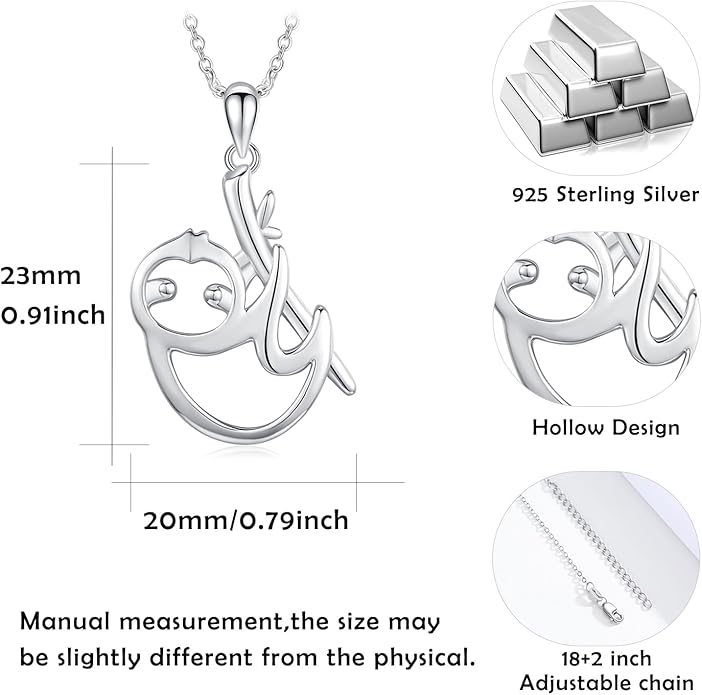 Animal Necklace for Women Girls 925 Sterling Silver Cat/Dog/Monkey/Sloth Pendant Necklace Cute Animal Jewelry Gift for Women Girls