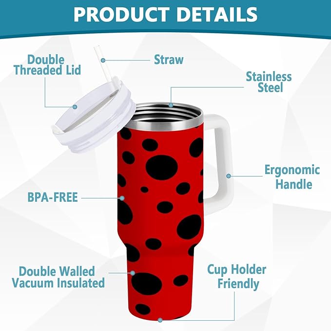 Boccsty Ladybug Red Black Spots Insulated Tumblers Reusable Stainless Steel Tumbler 30 oz Cup Coffee Travel Mug Water Bottle with Handle & Flip Straw for Home Office Car