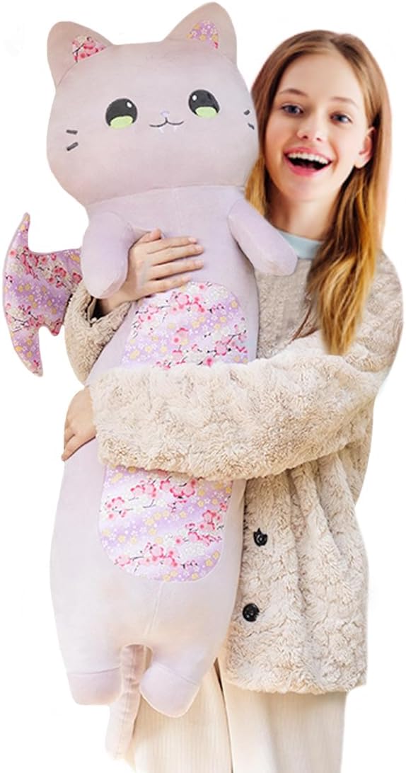 ELAINREN Long Bat Cat Plush Body Pillow Crazy Stuffed Purple Cat with Wings Halloween Large Bat Cat Plushie Toy Gifts/23.6''