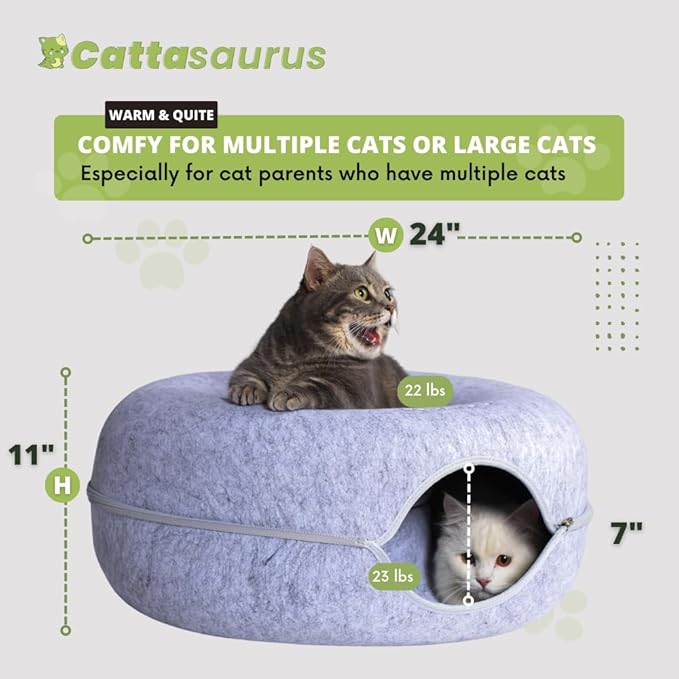 CATTASAURUS Peekaboo Cat Cave for Multiple & Large Cats Up to 30-45 Lbs, Scratch Detachable & Washable Tunnel Bed, Comfy Donut Cat Cave (Ligt Gray + Light Gray, Large (Bundle))
