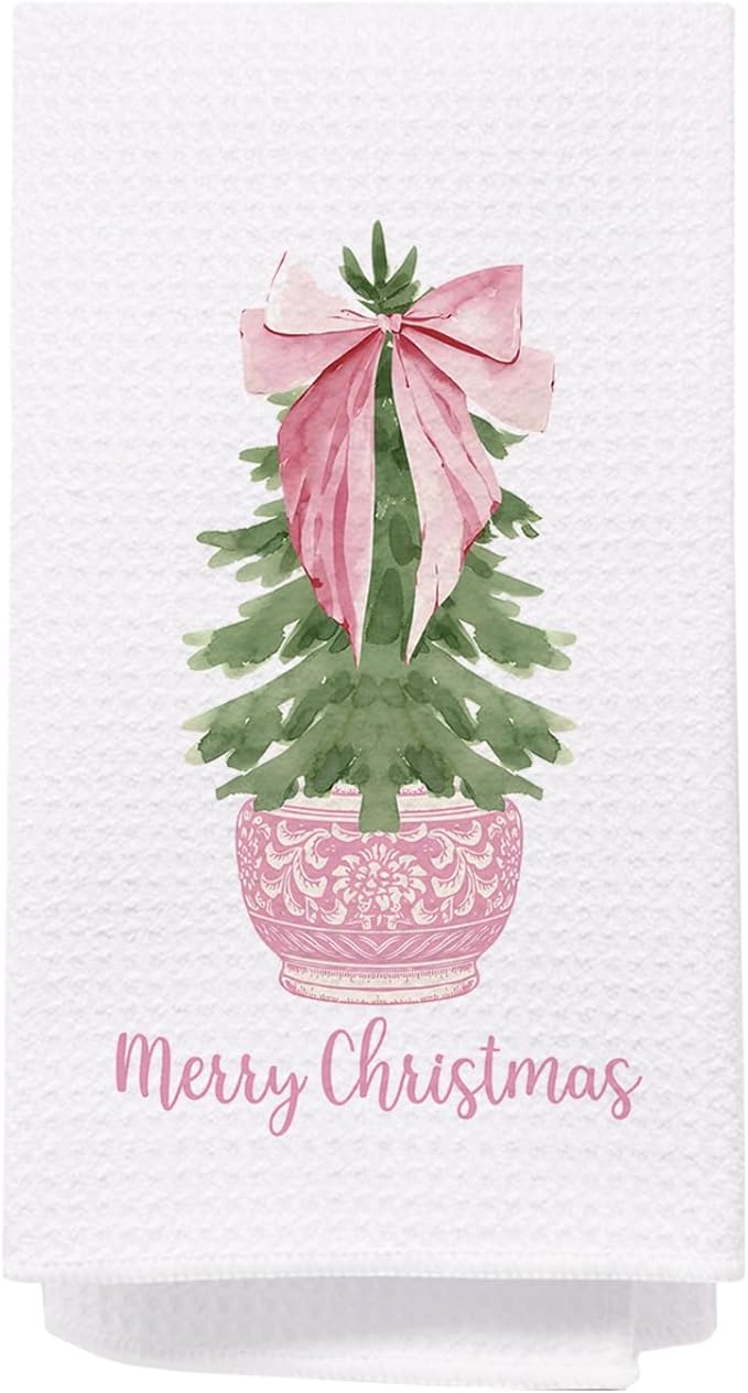 SPBL&L Pink Chinoiserie Christmas Towels, Coquette Christmas Tree Dish Towels, Grandmillennial Decor, Hand Towels for Bathroom & Kitchen, 16x24 Inches