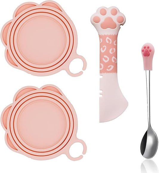 4 Pcs Cat Food Can Spoon & Can Covers | Cute Paw Silicone Pet Food Can Opener Spatula & Can Lids | Stainless Steel Wet Food Spoon for Cats and Dogs(Pink)