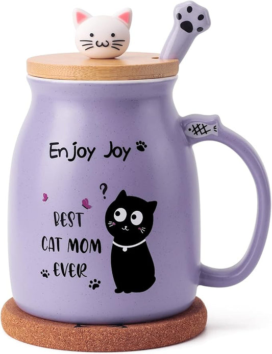 Best Mom Ever Coffee Mug - Mothers Day Gift for Mom, 16 Oz Purple Cute Cat Ceramic Cup with Spoon Lid, Birthday Gifts for Women, Best Mom Novelty Mug Ideas for Her, Mama, Grandma, Daughter, Sister