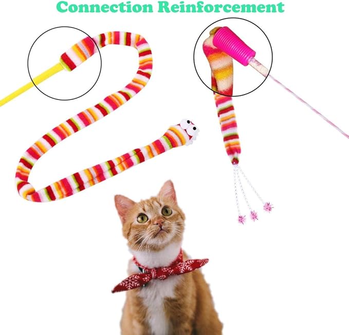 KABASI Cat Wand Rainbow Toy, 3 Styles Funny Interactive Cat Toys, Cuddly Stuffed Snake Cat Toy on Stick with Bell, Colorful Sounding Toys, Rainbow Ribbon Wand for Kittens Training