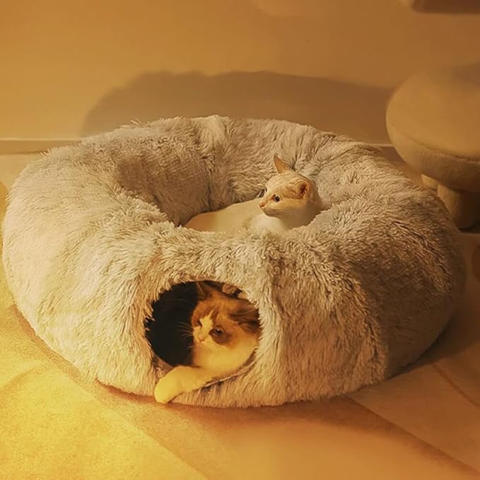 Cat Tunnel Bed for Indoor Cats Donut Cat Tunnel Multifunctional Cat Bed with Peephole Cat Cave Tunnel Bed with Tunnel for Multi Cats(Grey)