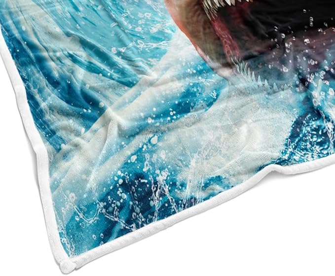 Funny Kids' Ocean-Themed Throw Blanket - Adorable Cool Cat Riding a Shark on Blue Ocean Fleece, Ultra Soft and Lightweight, Perfect for Couch, Bed, or Car, Cozy Decorative Blanket for Boys and Girls