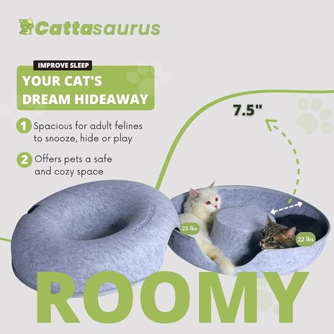 CATTASAURUS Peekaboo Cat Cave for Multiple & Large Cats Up to 30-45 Lbs, Scratch Detachable & Washable Tunnel Bed, Comfy Donut Cat Cave (Ligt Gray + Light Gray, Large (Bundle))