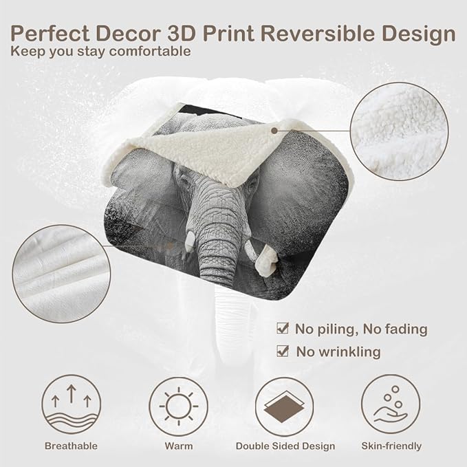 Sleepwish African Elephant Fleece Throw Blanket for Kids Girls Boys Soft Plush Black Grey Elephant Sherpa Blanket for Couch Chair, Throw (50" X 60")