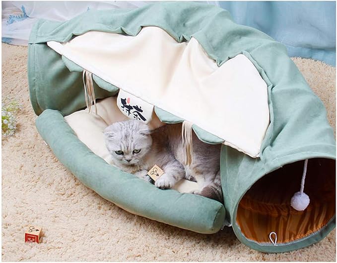 Cat Toys Collapsible Tunnel Bed Cozy Cave, Round Cuddle Snuggery Burrow Pet Litter House Bed Channel Removable Cover for Indoor Rabbits, Kittens and Dogs - Green