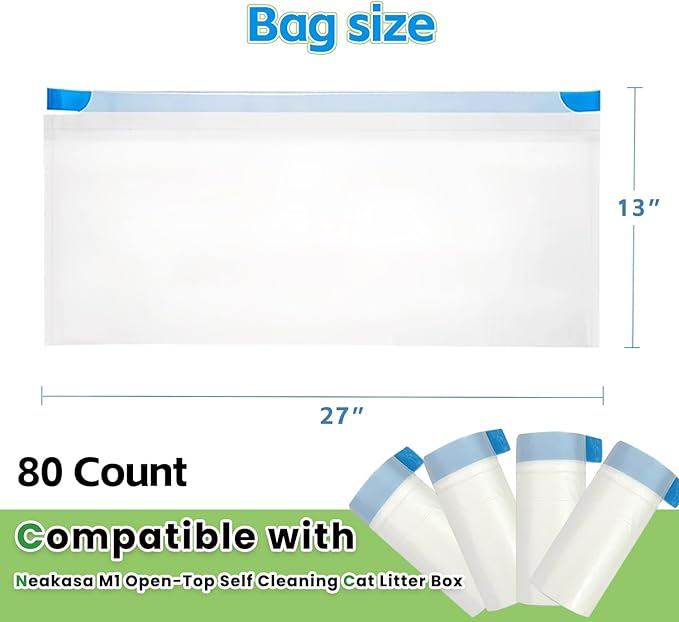 80 Count Litter Bags Compatible with Neakas M1 and Open-Top Self-Cleaning Cat Litter Box, 4 Rolls Cat Litter Waste Receptacles Bags (M1, 80 Count)