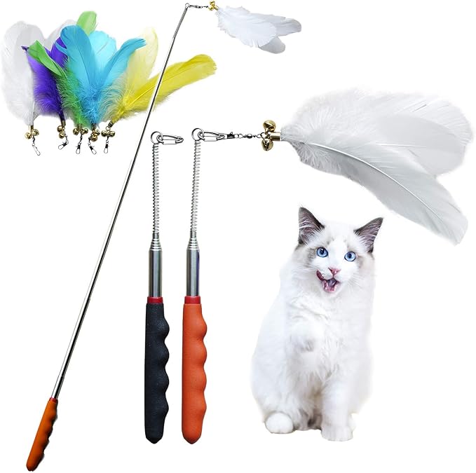 Cat Feather Toys,2PCS Telescopic Stick 33Inch and 6PCS Replacement Teaser, Stainless Steel Spring Connection Feather,Bell Sound Louder,Not Easy to Break,Easier to Replace Feathers