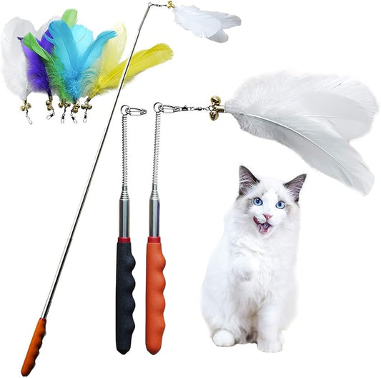 Cat Feather Toys,2PCS Telescopic Stick 33Inch and 6PCS Replacement Teaser, Stainless Steel Spring Connection Feather,Bell Sound Louder,Not Easy to Break,Easier to Replace Feathers