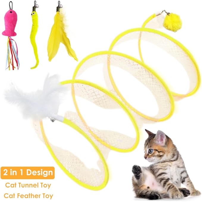 Cat Spiral Tunnel Toy Collapsible, Self Play Toy for Indoor Cats, S Type Tunnel with Feather Toys, Interactive Cat Springs Toys, Puppy, Kitty, Kitten, Rabbit (Yellow)