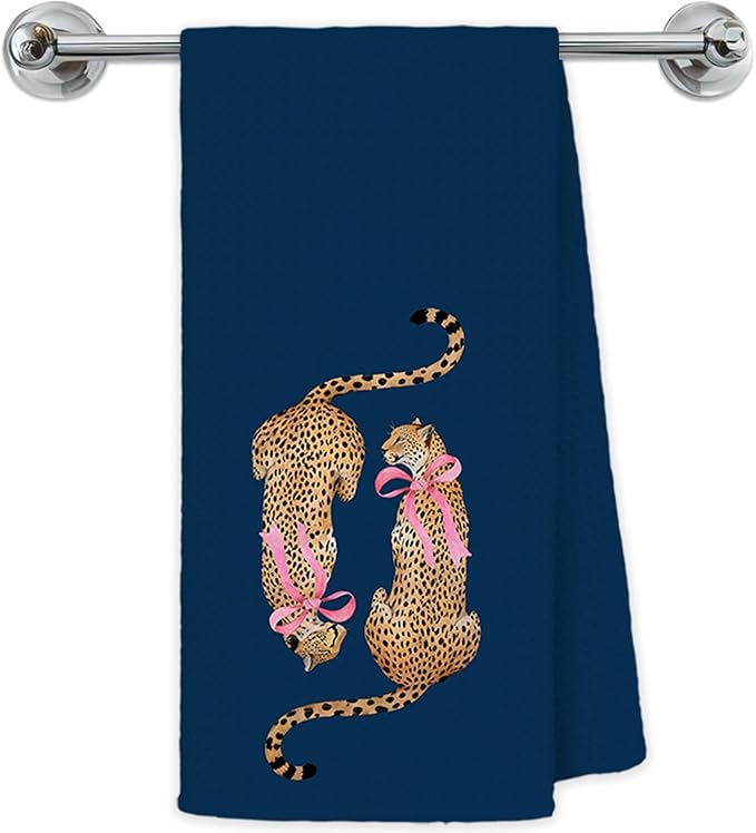 Coquette Pink Bow Two Cheetah Kitchen Towels, Navy Blue Leopard Hand Towels for Bathroom Kitchen, Trendy Preppy Leopard Decorative Dish Towels Drying Cloth, 16x24 Inch