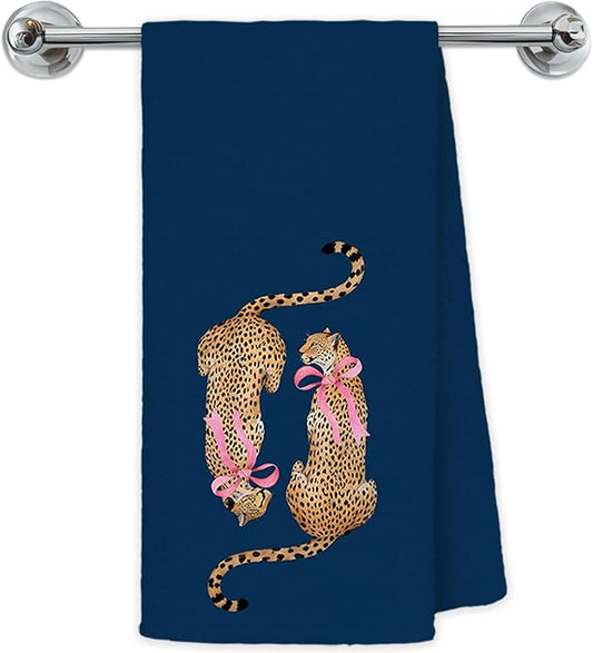 Coquette Pink Bow Two Cheetah Kitchen Towels, Navy Blue Leopard Hand Towels for Bathroom Kitchen, Trendy Preppy Leopard Decorative Dish Towels Drying Cloth, 16x24 Inch