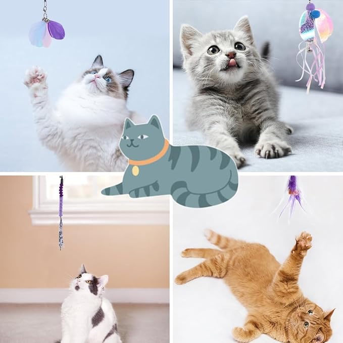 DONGKER Cat Wand Toy Set,3 Stage Retractable Kitten Feather Toys with Bells & 6 Replacement Heads for Teasing Cat Playing(Can't be used for catfishing)
