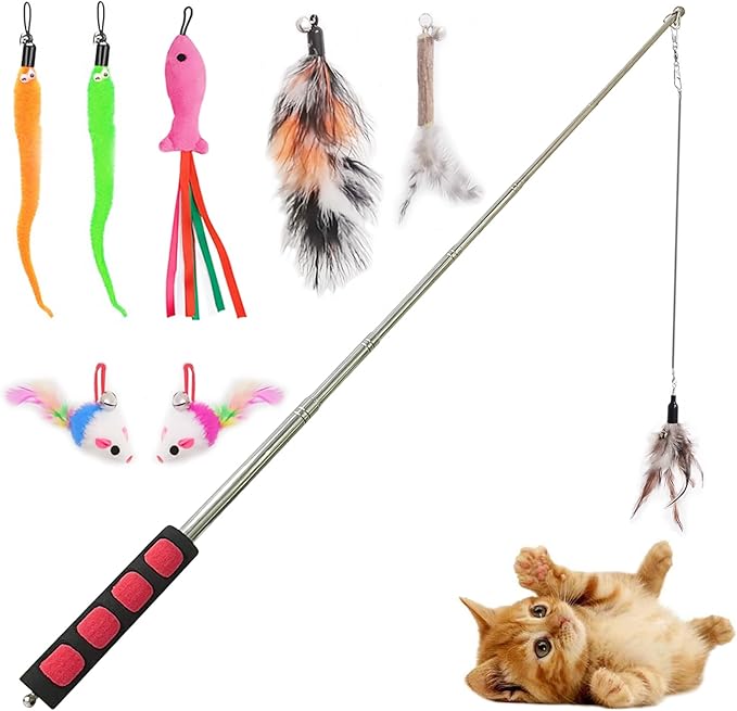 Cat Fishing Pole for Indoor Cats,Interactive cat Toys with Colorful Feather and Bell. (Red)