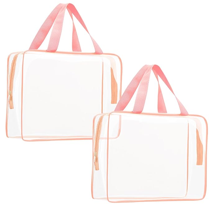 2Pcs Crystal Clear PVC Travel Toiletry Bag Kit for Women Men, Waterproof Vinyl Packing Organizer Storage Bags with Zipper Handle Straps, Cosmetic Pouch Carry on Airport Airline Compliant Bag Handbag
