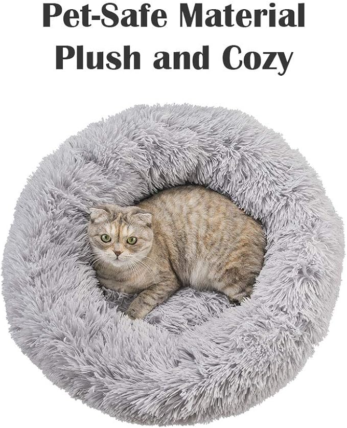 Calming Cat Beds for Indoor Cats, Anti Anxiety Round Fluffy Plush Faux Fur Cat Bed, Washable 23 inches Small Dog Bed & Cat Bed