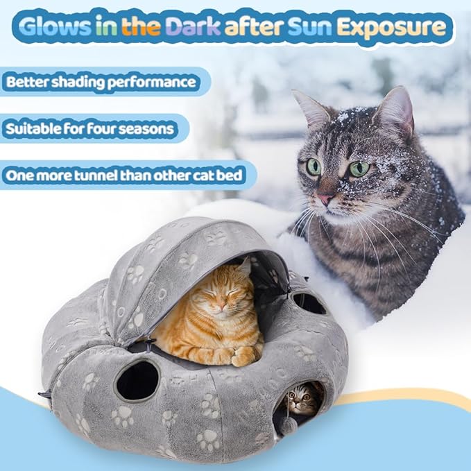 Cat Tunnel Bed with Plush Cover, Cat Tunnels for Indoor Cats, Cat Donut Tunnel with 4 Fluffy Toy Balls, Self-Luminous Cat Tube, Peekaboo Cat Cave for Kittens, Rabbits and Large Pets