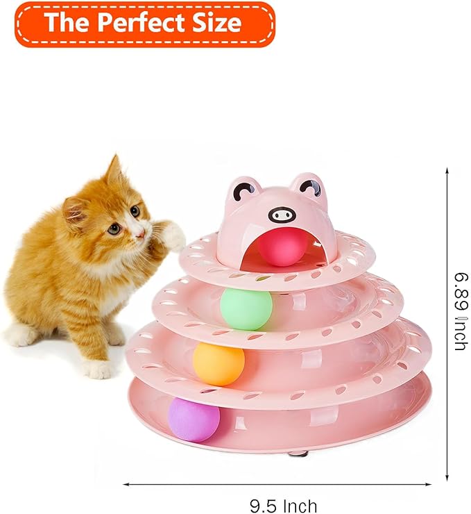 Cat Toys, 4-Level Turntable Ball Track Interactive Cat Toy for Indoor Cats, Self Play Fun Roller with Colorful Rotating Ball Puzzle Exercise Kitten Toys (Pink)