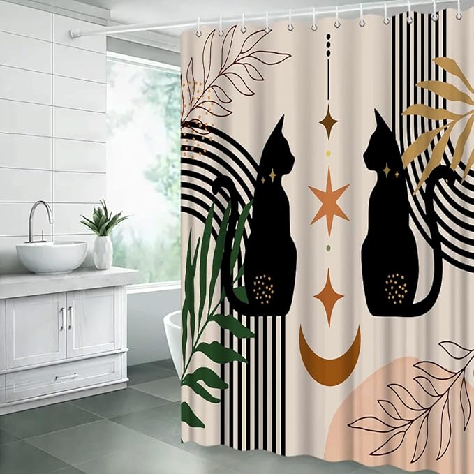 Boho Mid Century Black Cat Shower Curtain Black Beige Retro Abstarct Moon Stsr Boho Abstract Geometric Arch Minimalist 1950s 60s 70s Fabric Bathroom Decor Curtain Sets with Hooks,Beige Black