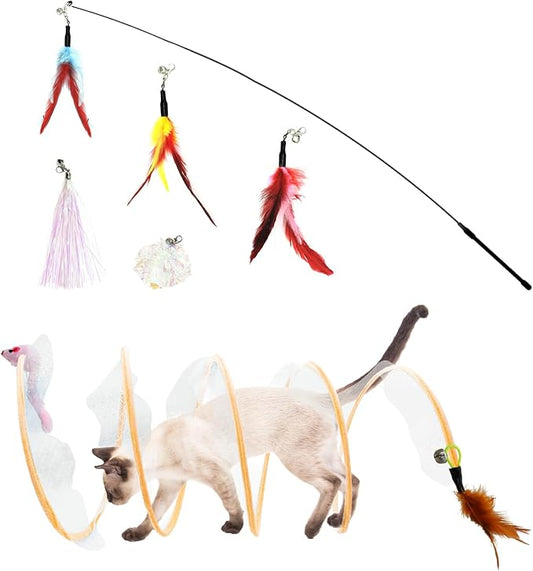 Andiker S-Shape Cat Tunnel Toy Set, Folded Cat Tunnel Spring Toys with a Wand & 5Replacement Heads Cat Spring Toy Metal&Mesh Cat Spiral Tunnel Toy for Indoor Cats to Kill Time& Do More Exercise (7)