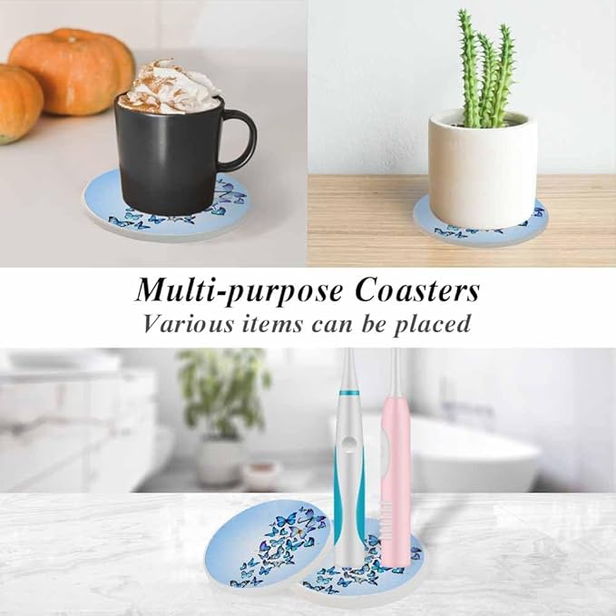 Butterflies Coasters for Drinks Nature Blue Butterflies Coasters for Table Ceramic Absorb Stone Coasters with Coffee Table Cork Base for Home Decor 2 Pcs