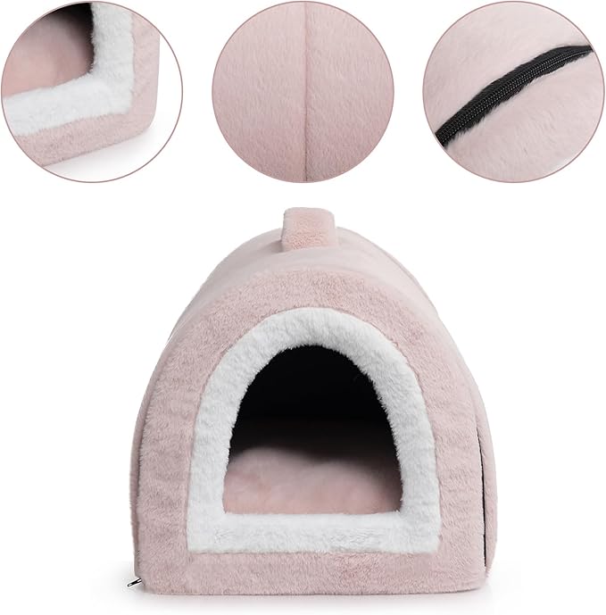 Hollypet Fluffy Cat Bed, 2 in 1 Foldable Cave House Animal Shaped Nest Pet Sleeping Bed, Light Pink