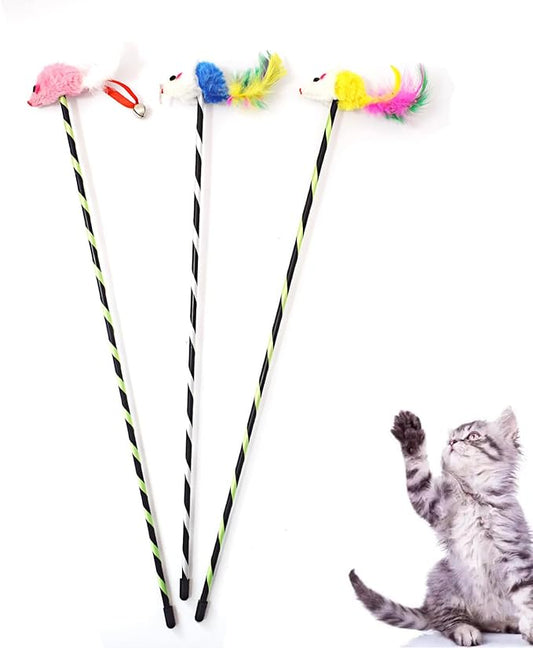 IUHKBH Interactive Cat Sticks, 3 PCS Cat Wands with Mice Long Cat Teaser Wands for Cats Kittens Having Fun Exerciser Playing