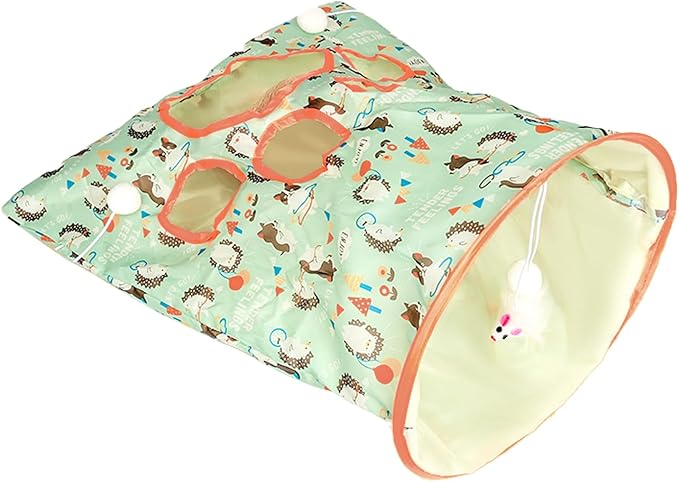 SYCOOVEN Cat Tunnel Bag for Indoor Cats, Pet Collapsible Tunnel Crinkle Sack Bag with 1 Little Mouse & Toy Ball, Crinkle Paper Interactive Cat Toys Hide and Seek(Green Pattern)