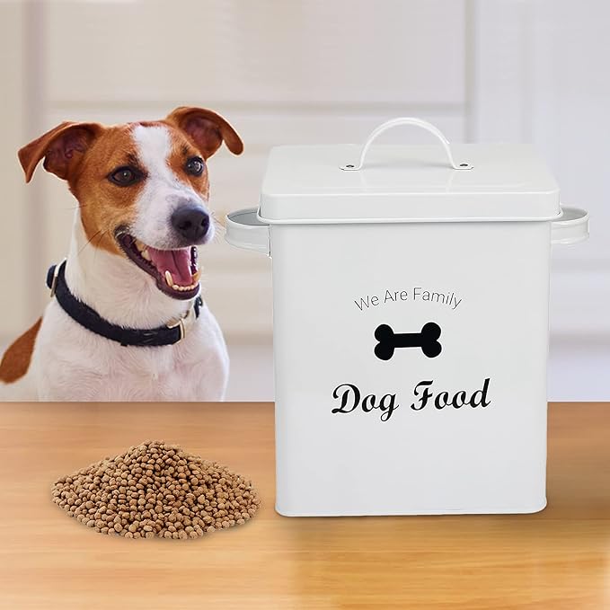 Geyecete Pet Treat and Food Storage Tin with Lid - 5lbs Capacity - Serving Scoop Included … -DOG