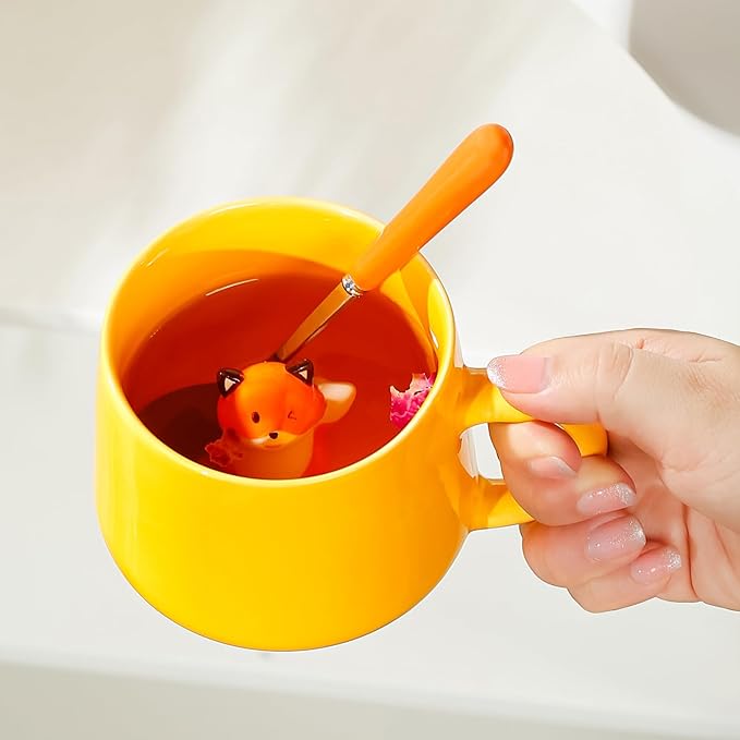 BigNoseDeer Kawaii Fox Mug Cute Mugs with 3D Fox Inside Ceramic Coffee Mug with Lid and Spoon Cute Stuff Birthday Gifts Cute Gifts For Women 13.5oz