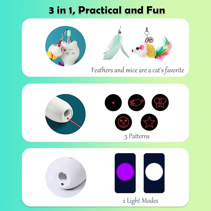 Cat Toys for Indoor Cats Retractable Cat Wand, with Feather & Mice, 3-in-1 Laser Pointer Interactive Cat Toy, 5 Modes, Kitten Toy for Indoor Cat and Dog (Pink)