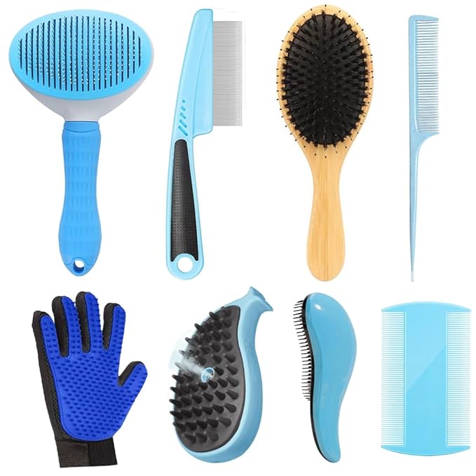 8 In 1 Cat Grooming Brushes for Short Hair, Cat Steam Brush, Bristle Shedding Brush, Flea Comb, Pet Grooming Glove, Dog Self Cleaning Brush for Short Haired Dogs Cats (short hair brush-blue)