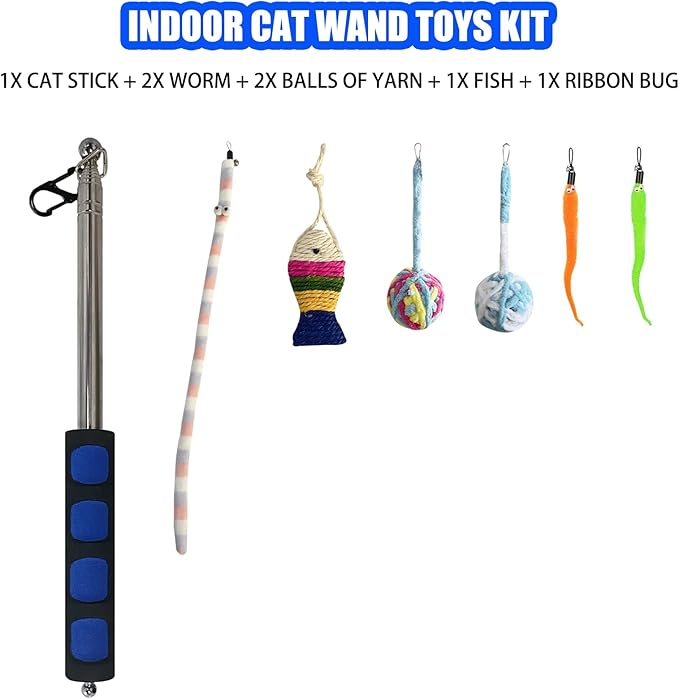 Retractable Cat Toys Wand, 7 Pack Super Long 55.1" Retractable Cat Wand Toy Ball of yarn Rainbow Cat String Toy with Feather Teasers, Interactive Cat Toys for Indoors,Funny Exercise for Kitten or Cats