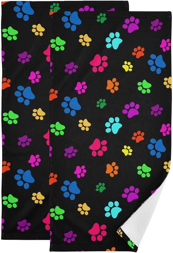 2 Pack Colorful Dog Cat Paws Print Hand Towels for Bathroom,Soft Absorbent Funny Animal Pet Paw Bath Hand Towels for Kitchen,Black Decorative Guest Bathroom Towels for Face,Shower,Gym 14"x28"