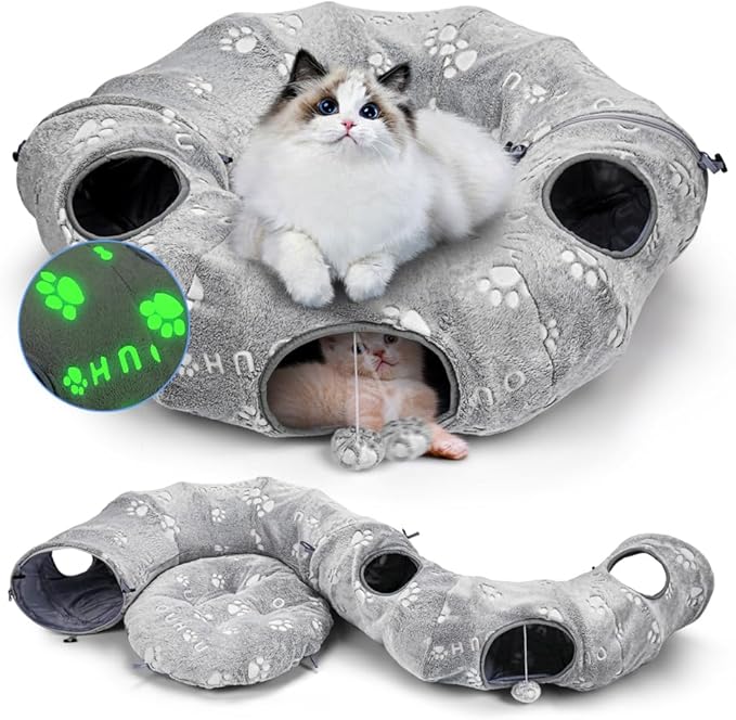 Cat Tunnel Bed, Cat Tunnels for Indoor Cats, Cat Donut Tunnel Toys, Cat Tubes and Tunnels, Self-Luminous Collapsible Tunnels with Plush Cover