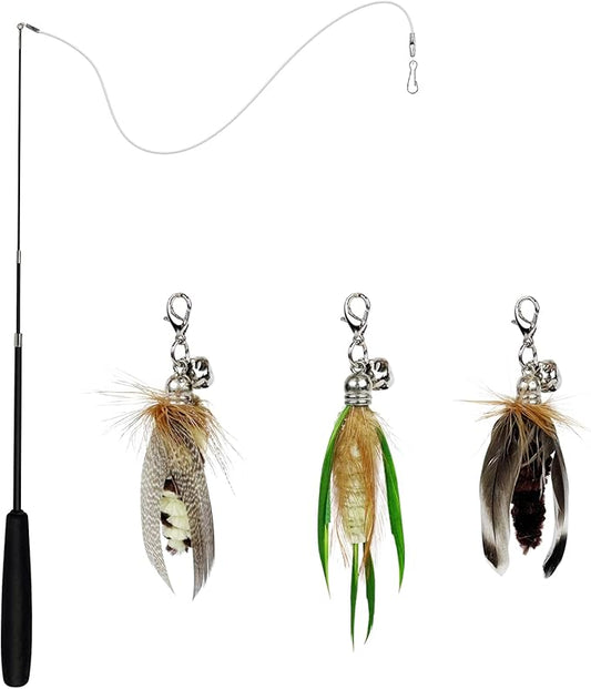 Cat Feather Wand Toys,Retractable Wand Toy with 3 Mini Insect Refills, Transparent Carbon Wire,Interactive Cat Toy Kitten Toy for Indoor Cats to Play Chase Exercis
